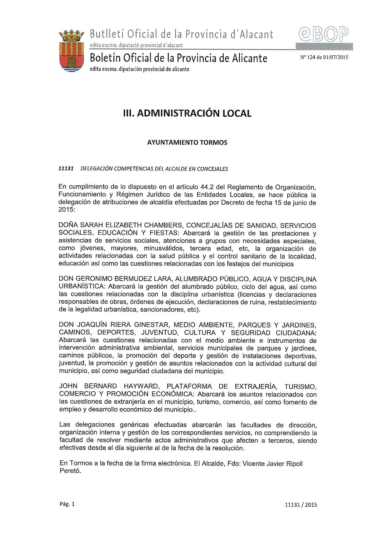 EDICTO BOP DELEGACIÓN COMPETENCIAS ALCALDE EN CONCEJALES